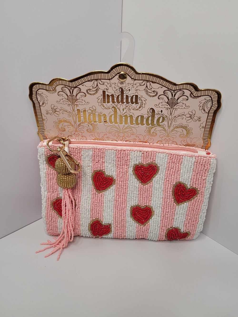 Made In India Handmade Pink & White Heart Beaded Wristlet